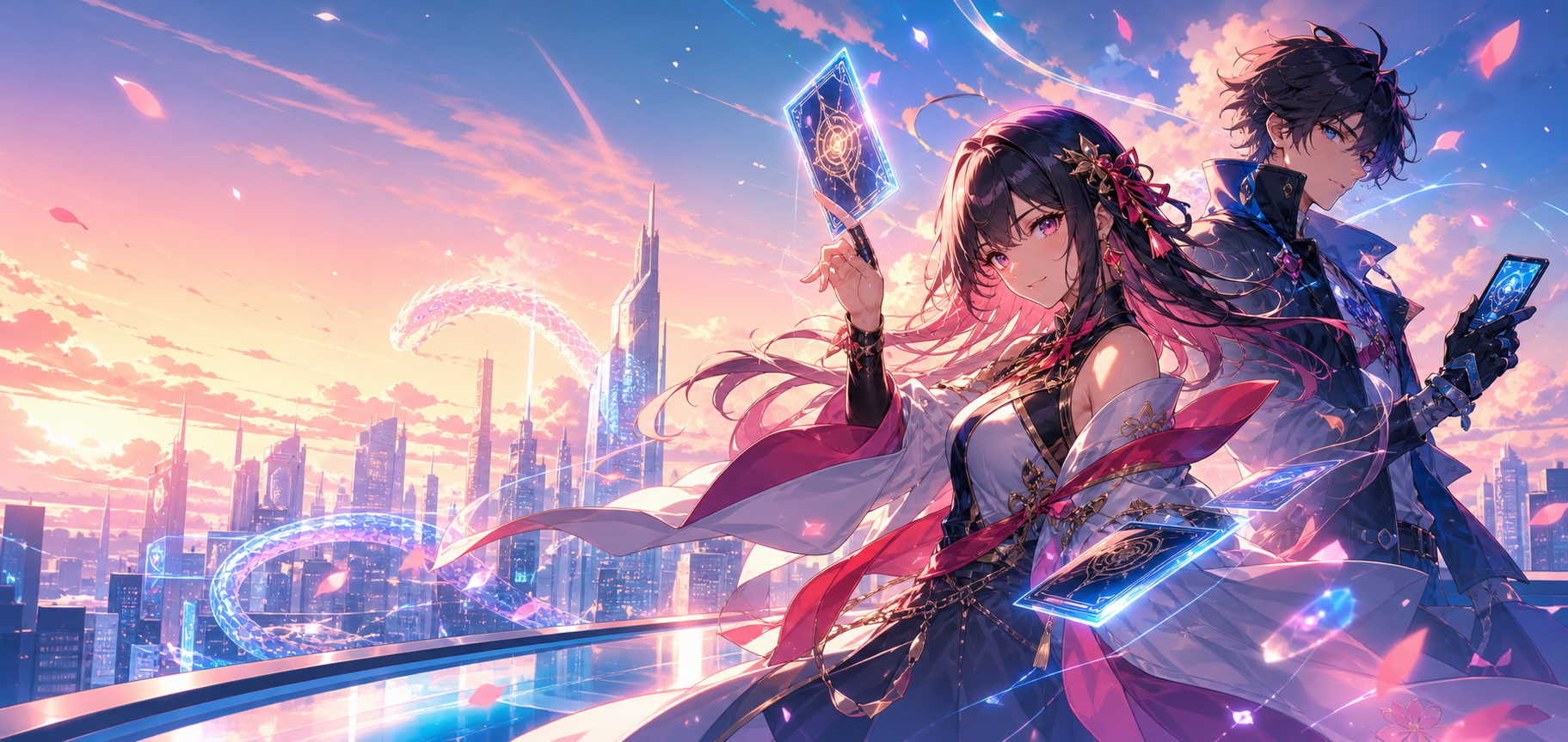 Anime-style heroes on a futuristic rooftop above a vibrant city